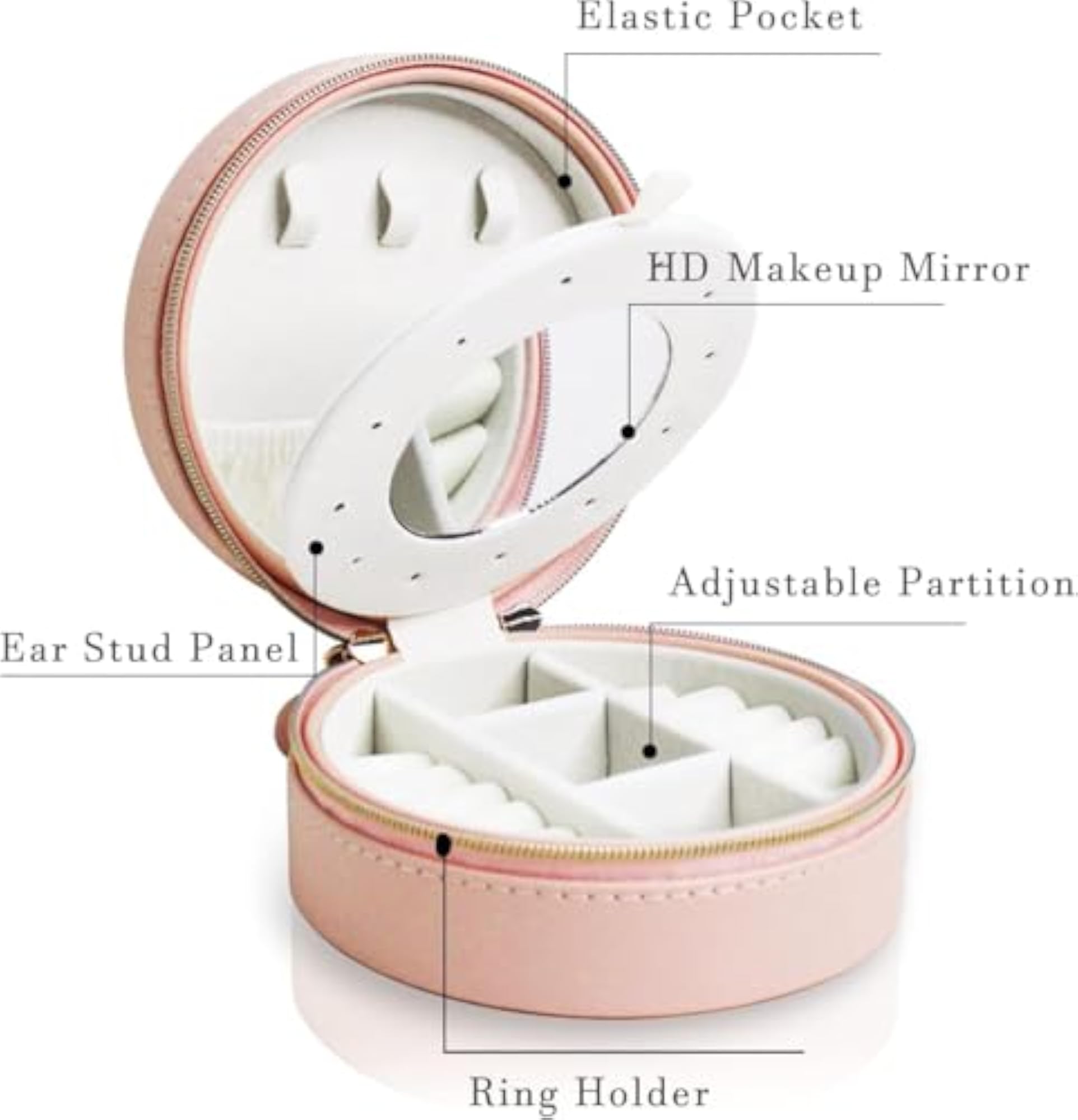 Portable Round PU Leather Jewelry Organizer Box with Mirror